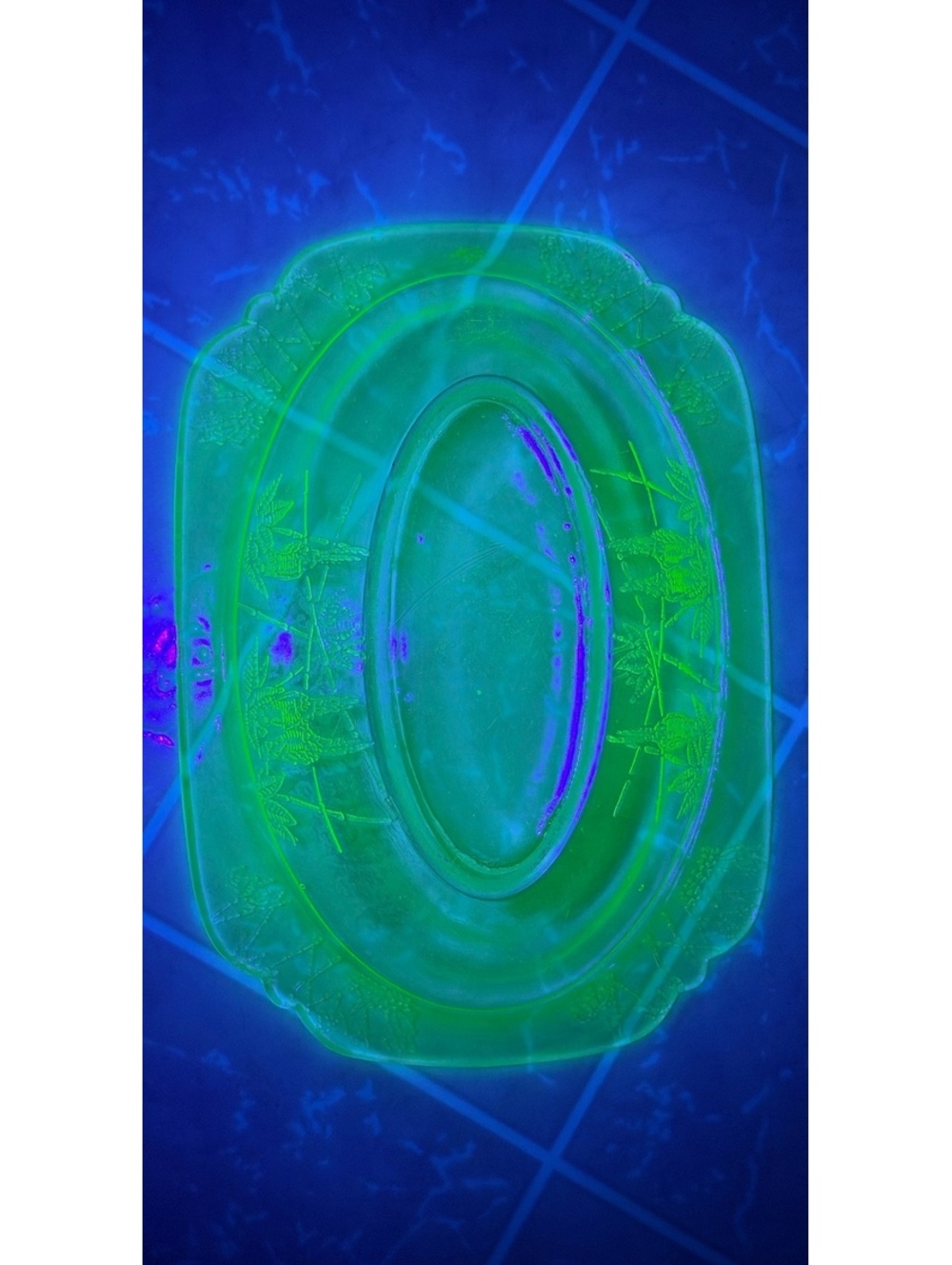 Federal Sylvan Uranium Green Depression Glass 11” Oval Vegetable Bowl Glows